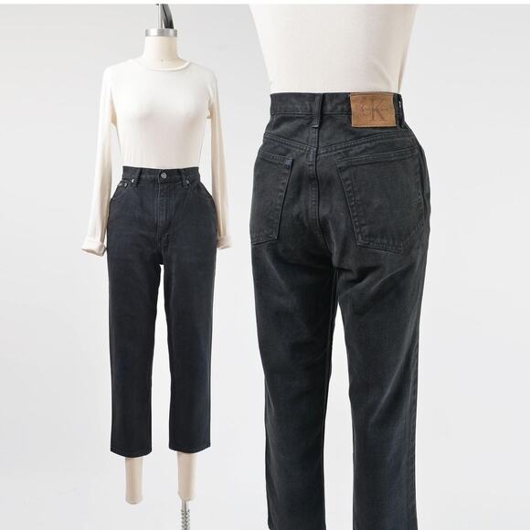 Vintage 90s Black Calvin Klein Cotton Denim High Waisted Cropped Jeans Medium - Picture 1 of 8